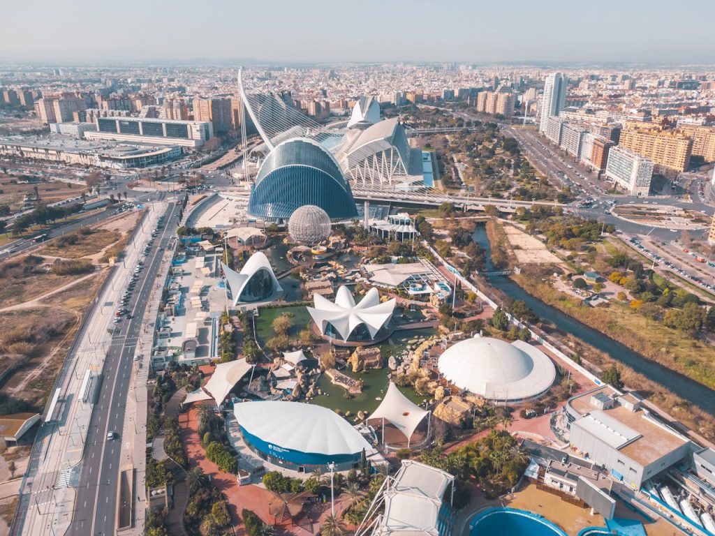 Stunning aerial shot of Valencia's City of Arts and Sciences showcasing modern architecture and urban landscape.